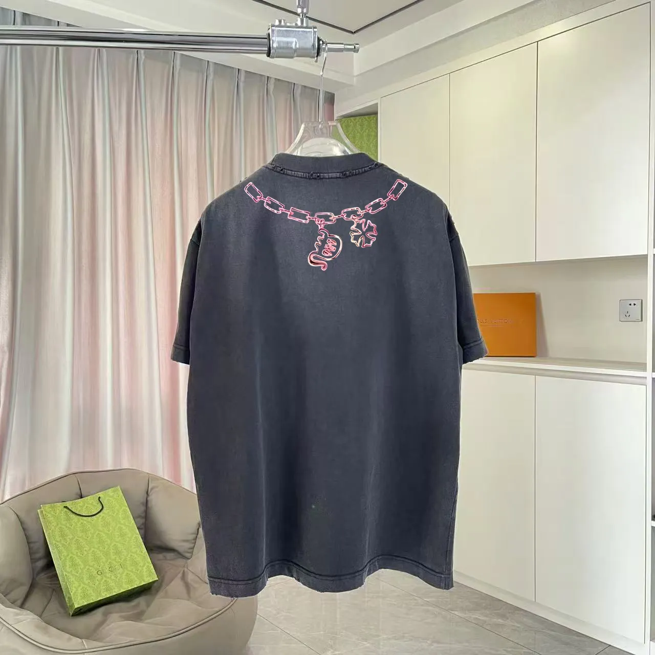 🅿️200 ch Crocodile* 2025 spring and summer new style, washed, worn, Sanskrit cross print, short-sleeved T-shirt, customized fabric 320g, same style for men and women, size: S M L XL XXL five codes, color: black gray